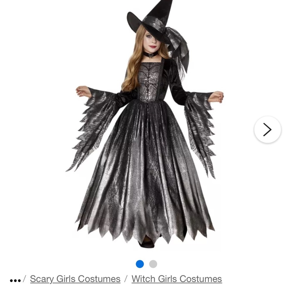 Spirit Halloween Kids Size Large Gothic Witch Costume with Hat Black and Silver